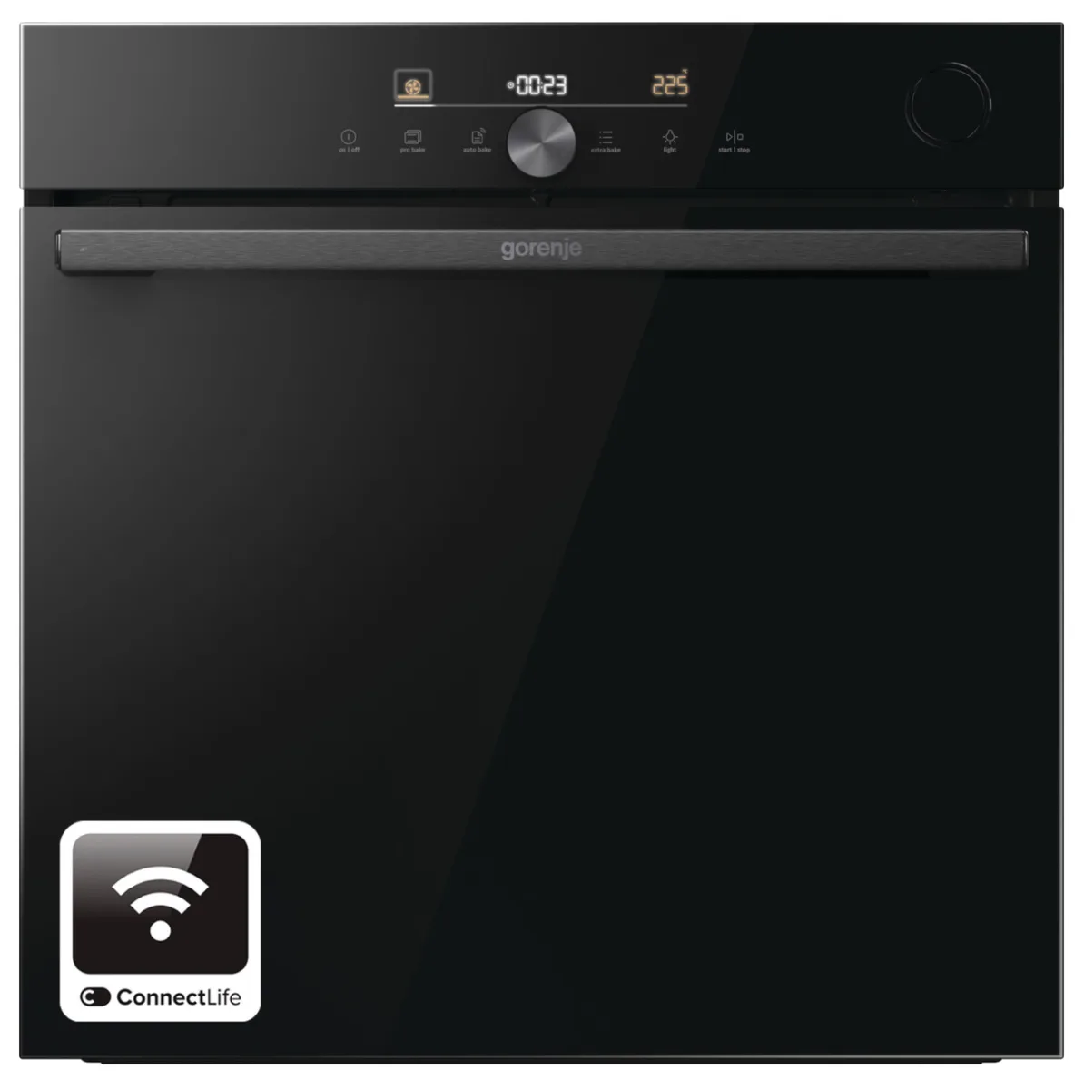 Електрична духова шафа Gorenje, 77 л, клас енергоефективності A+, з паровою функцією, дисплеєм та Wi-Fi, чорного кольору.
