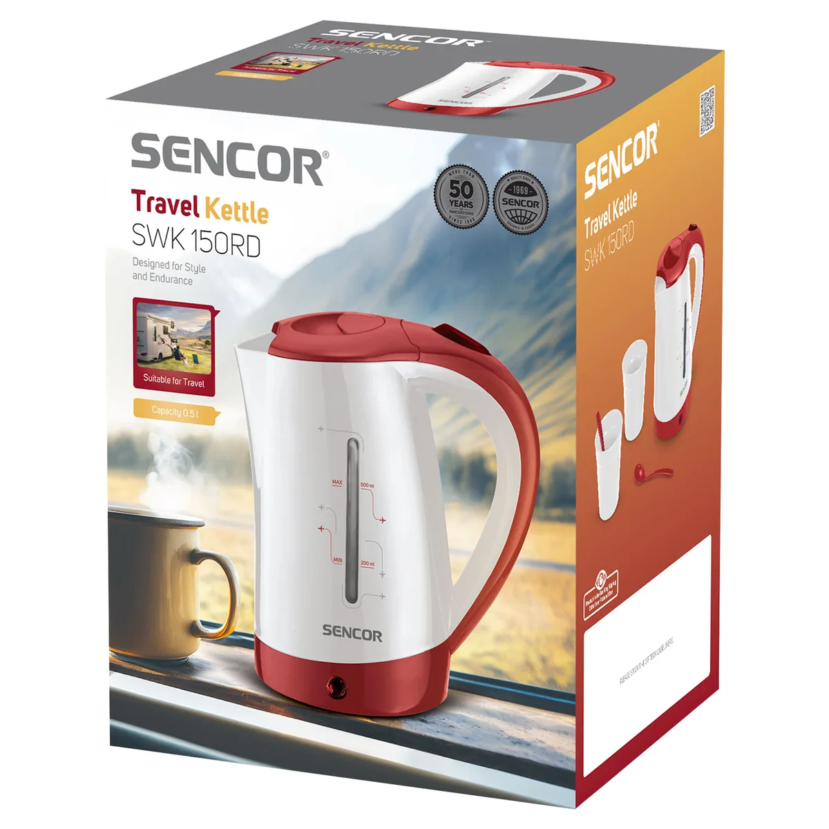 Электрочайник Sencor 05л, Strix, пластиковый, комплект из 2 стаканов и 2 ложек, красно-белый