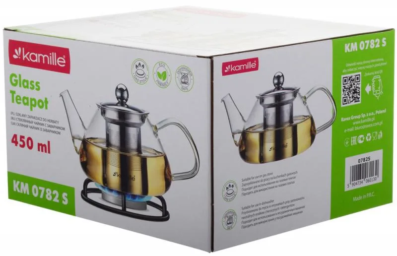 Заварювальний чайник Kamille Glass-Teapot 450 мл з боросилікатного скла з металевим ситечком
