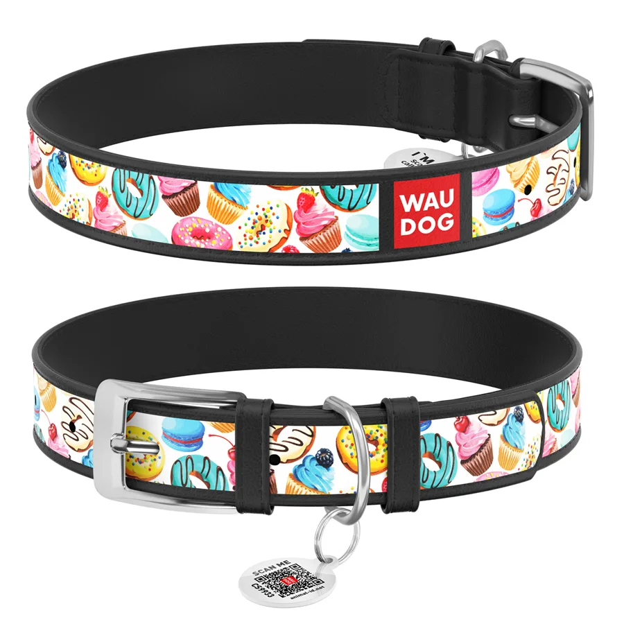Нашийник WAUDOG шкіряний XS 12 мм чорний Пончики 20-28 см