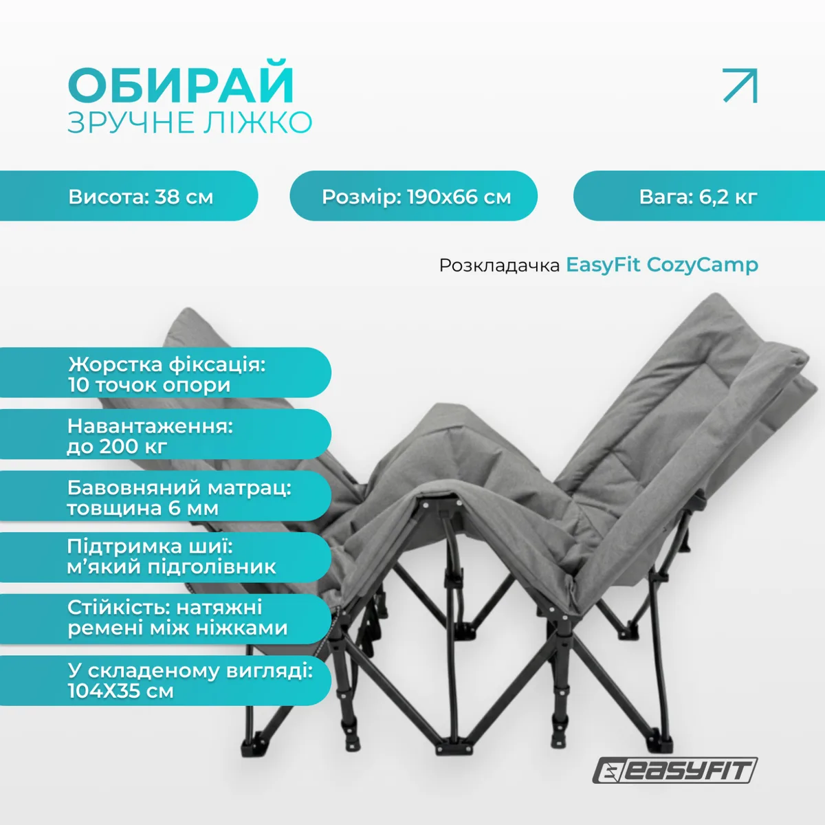 Розкладушка туристична EasyFit сталева 190х66 см сірий