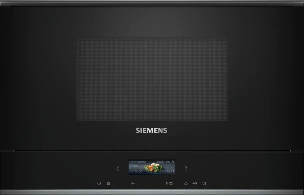 Вбудована мікрохвильова піч Siemens, 21 л, електронне керування, 900 Вт, гриль, дисплей, чорний.