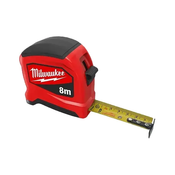 Рулетка Milwaukee SLIMLINE, 8м х 25мм з механізмом блокування, виготовлена з АБС-пластика.