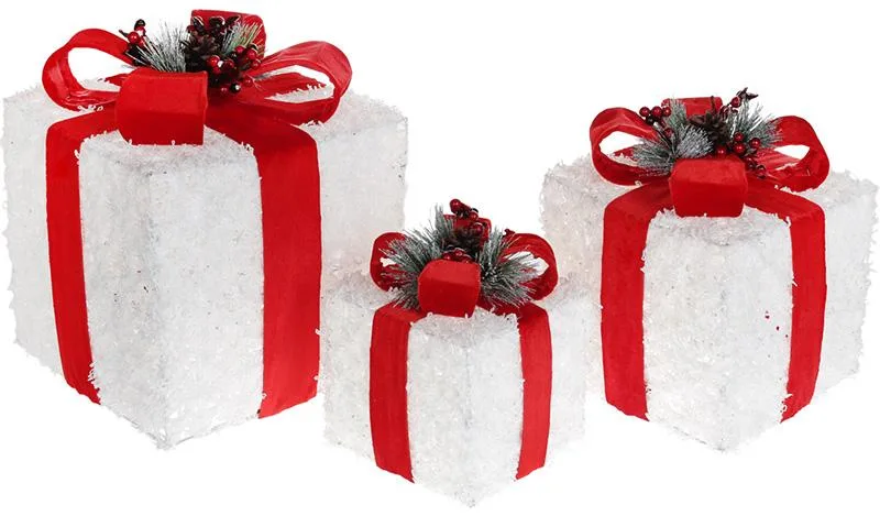 Набір подарункових коробок New Year Gifts з LED-підсвіткою 3 штуки білий з червоною стрічкою 15-25 см