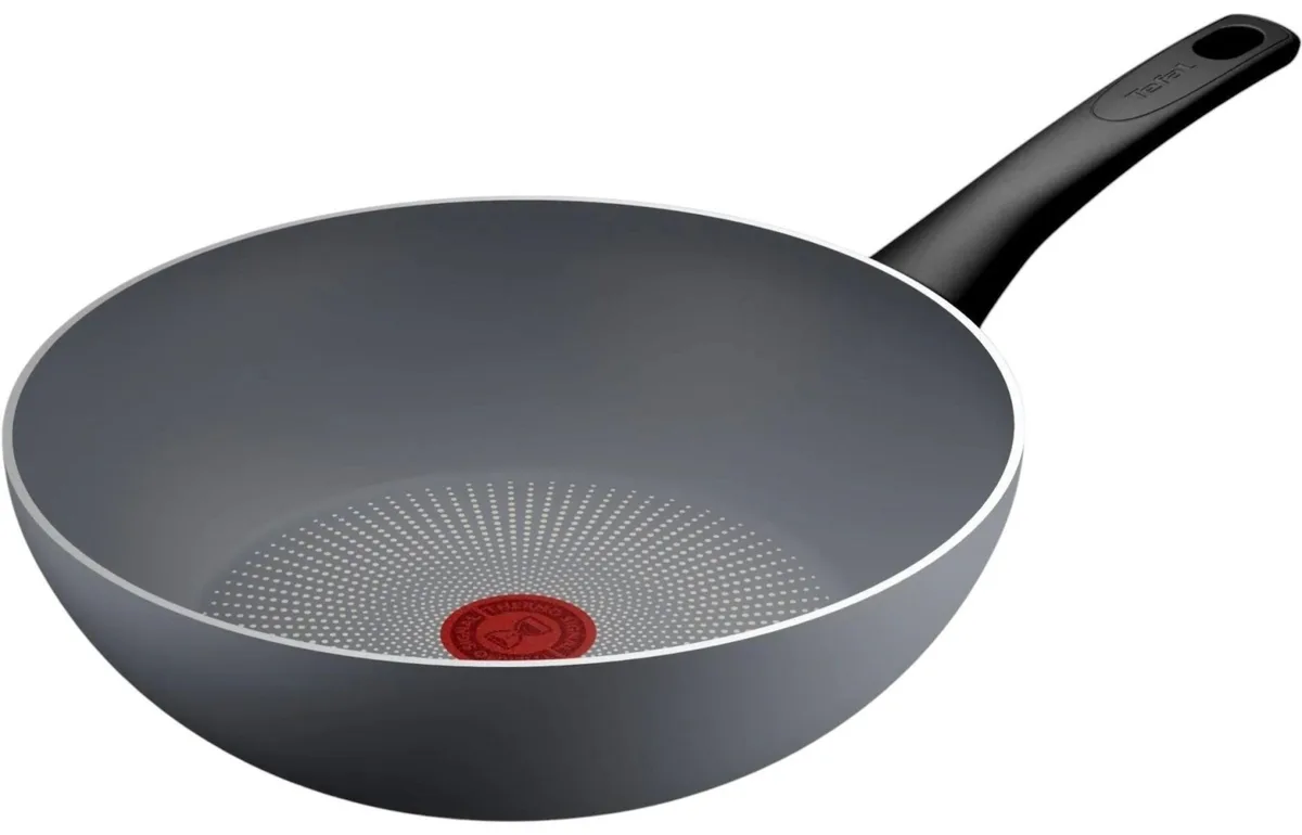 Сковорода ВОК Tefal Halo, 28 см, алюмінієва, з бакелітовою ручкою, сірого кольору.