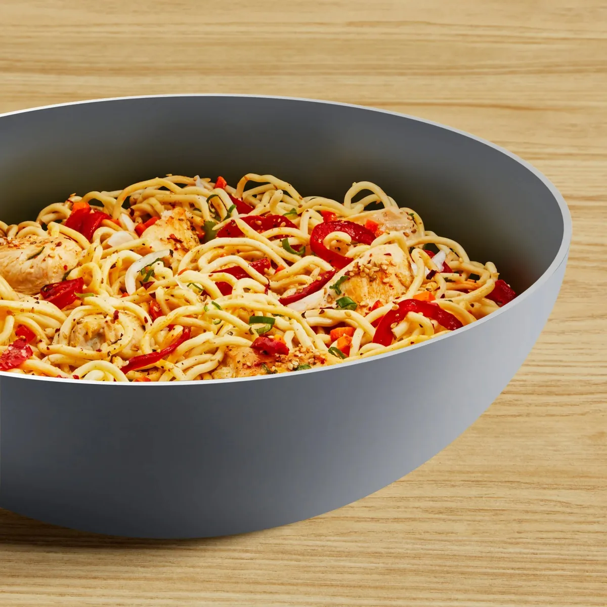 Сковорода ВОК Tefal Halo, 28 см, алюмінієва, з бакелітовою ручкою, сірого кольору.