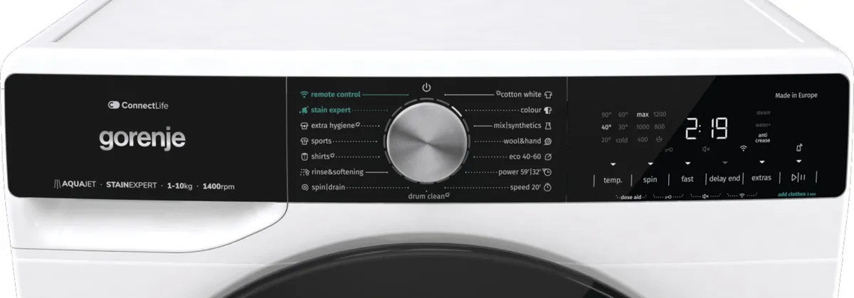 Фронтальна пральна машина Gorenje, 10 кг, 1400 об/хв, клас енергоефективності A+++, 60 см, з дисплеєм, інверторним мотором, функці
