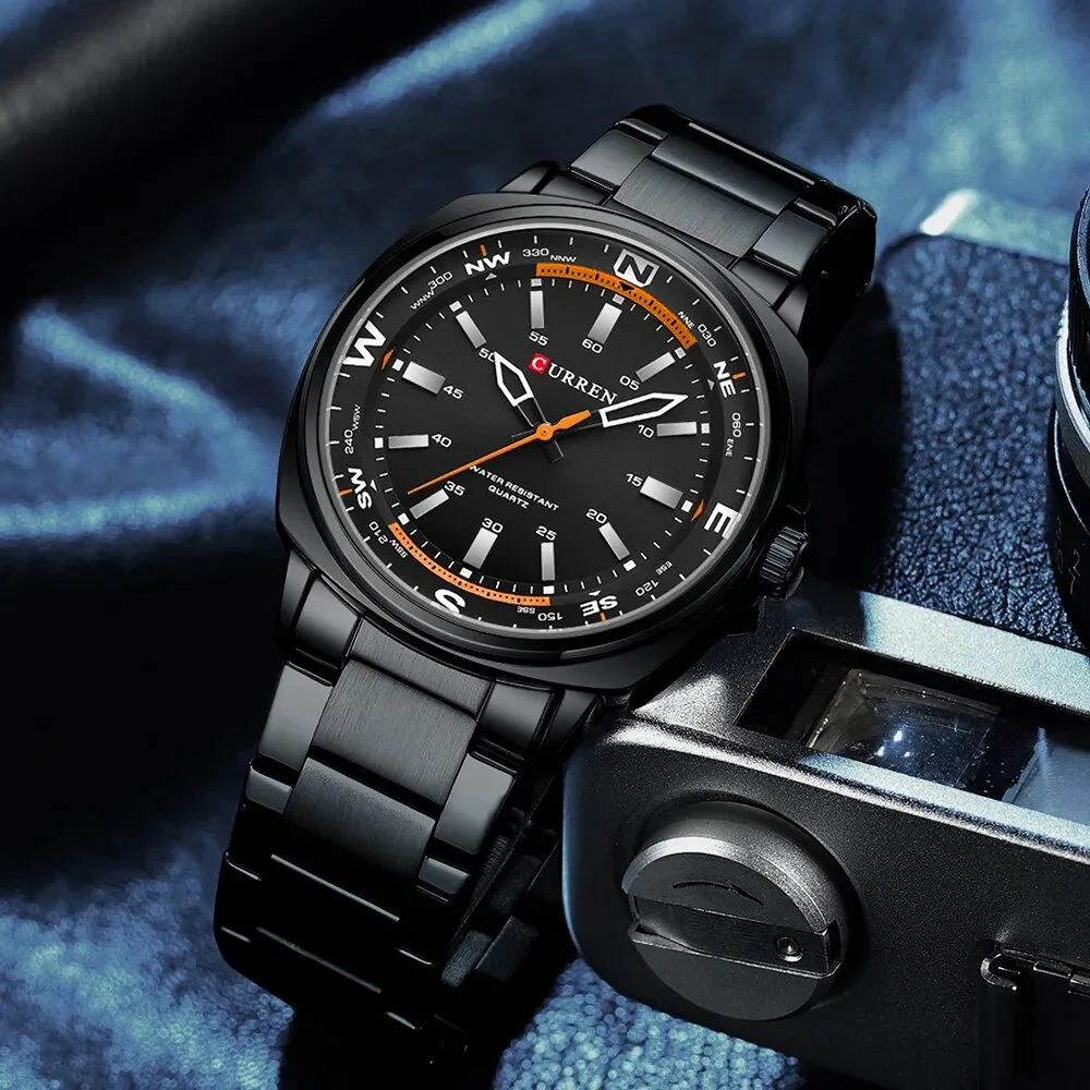 Часы Curren 8455 All Black водонепроницаемые чёрные 22 мм