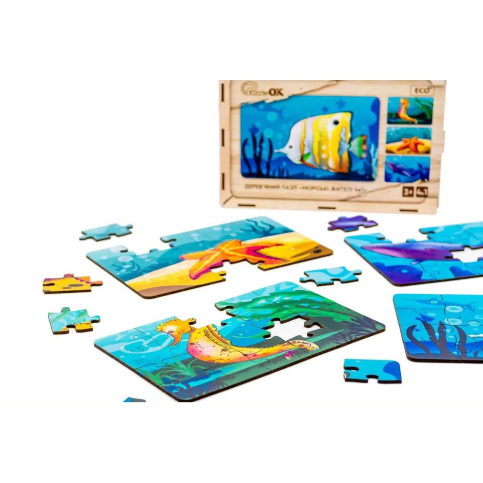 Дитячий дерев'яний пазл PuzzleOK 80 елементів з екологічно чистих матеріалів Морські жителі 4 в 1