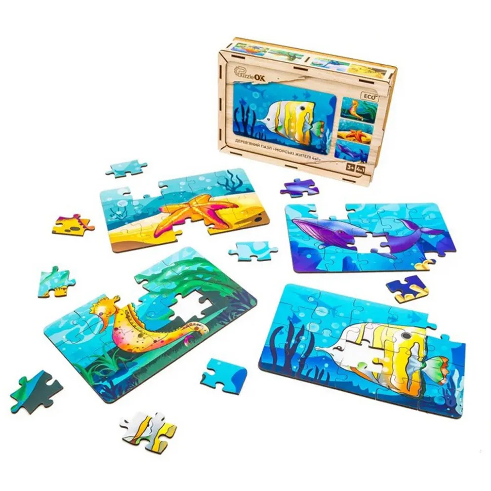 Дитячий дерев'яний пазл PuzzleOK 80 елементів з екологічно чистих матеріалів Морські жителі 4 в 1