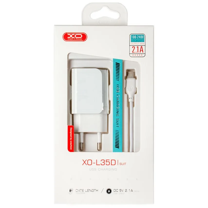 Мережевий зарядний пристрій XO 2в1 2USB 2.1A кабель Type-C 1м білий