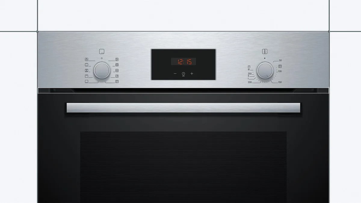 Електрична духова шафа Bosch, 66 л, клас енергоефективності A, з дисплеєм, конвекційним приготуванням, з нержавіючої сталі.