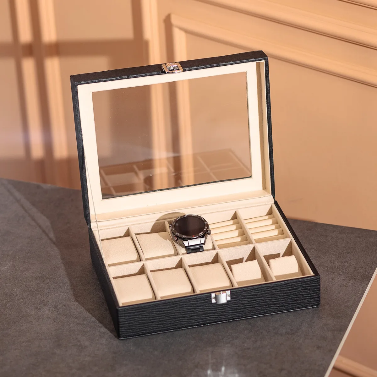 Скринька для прикрас з еко шкіри 25,5х20х7,5 см Чорна