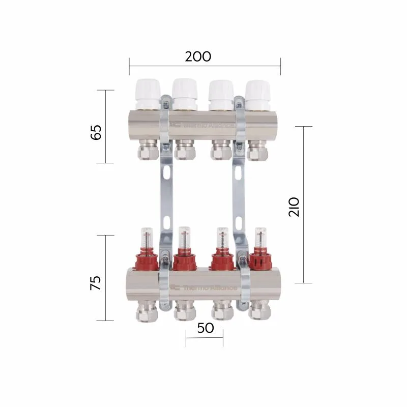 Коллектор латунный Thermo Alliance TAS235W4E 1" на 4 выхода с расходомерами 50 мм Никель