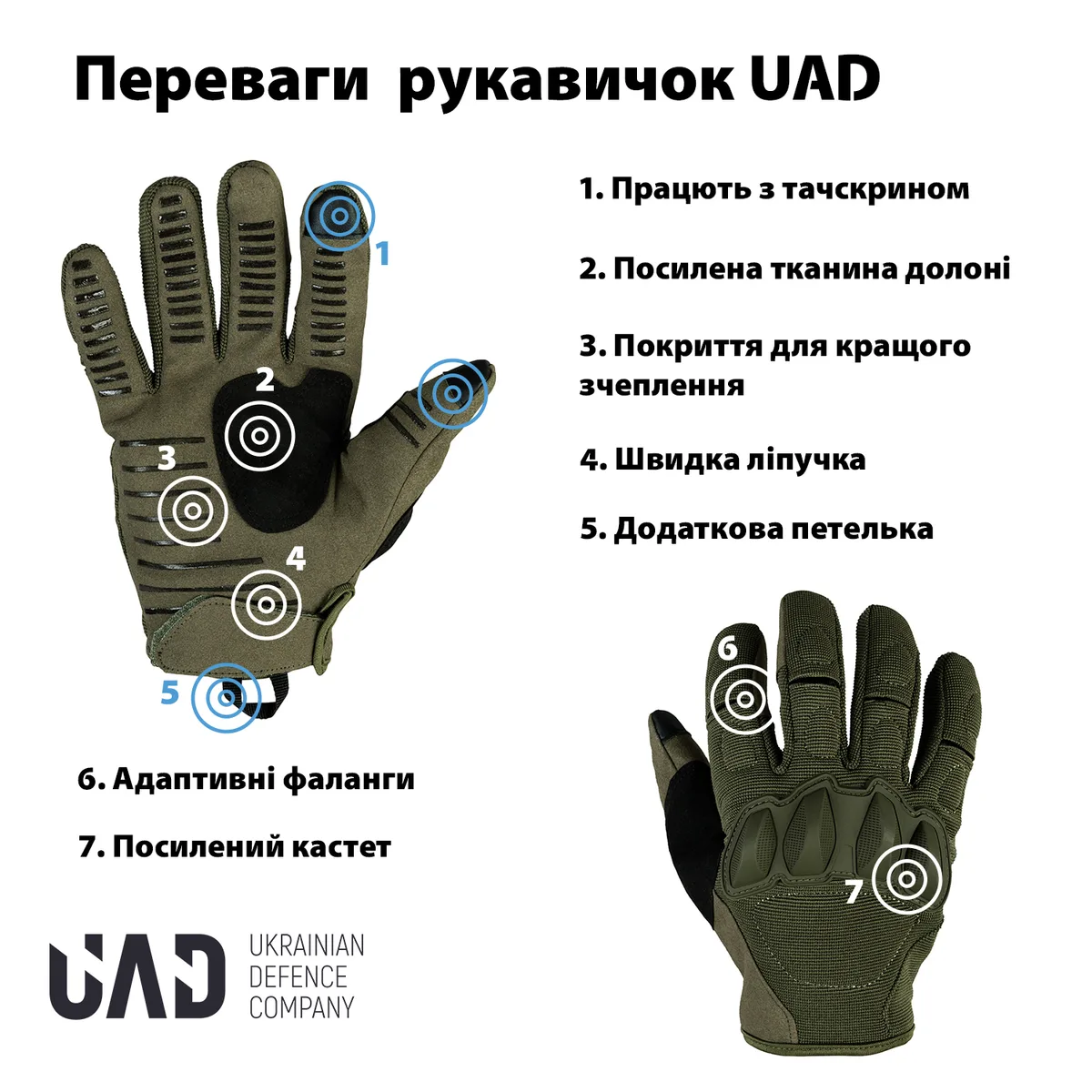 Рукавички тактичні UAD повнопалі L олива з захистом сенсорні