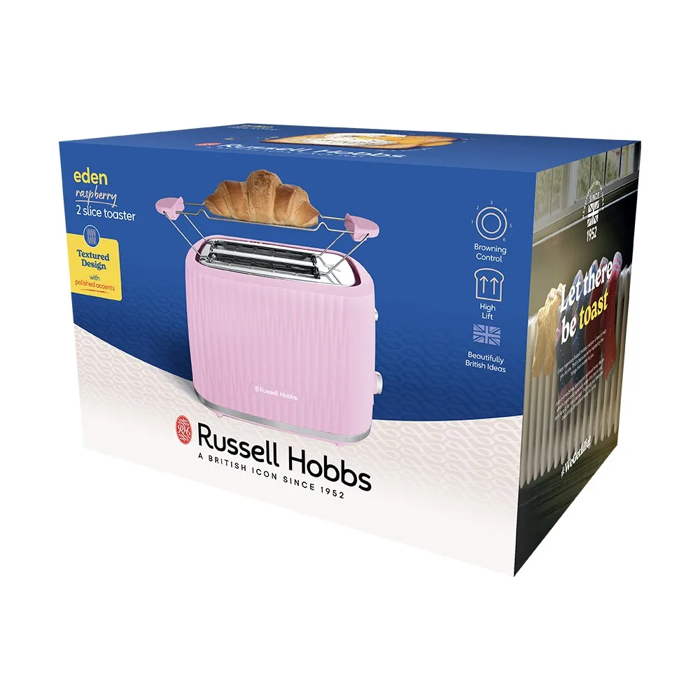 Тостер Russell Hobbs Eden 800Вт, пластиковий, функція підігріву та розморожування, малиновий колір.