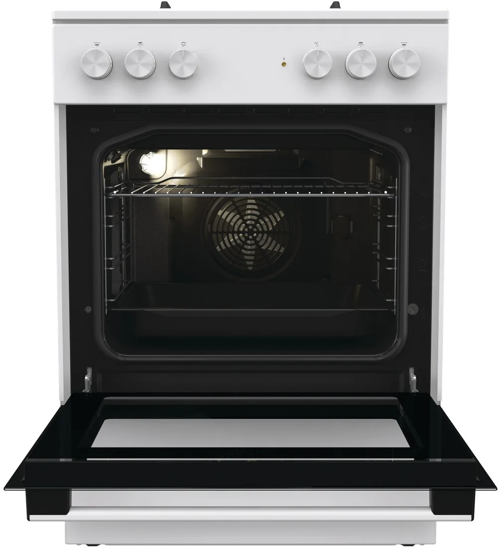 Комбінована плита Gorenje, об'єм 71л, розміри 60x60см, чавунне покриття, білий колір.