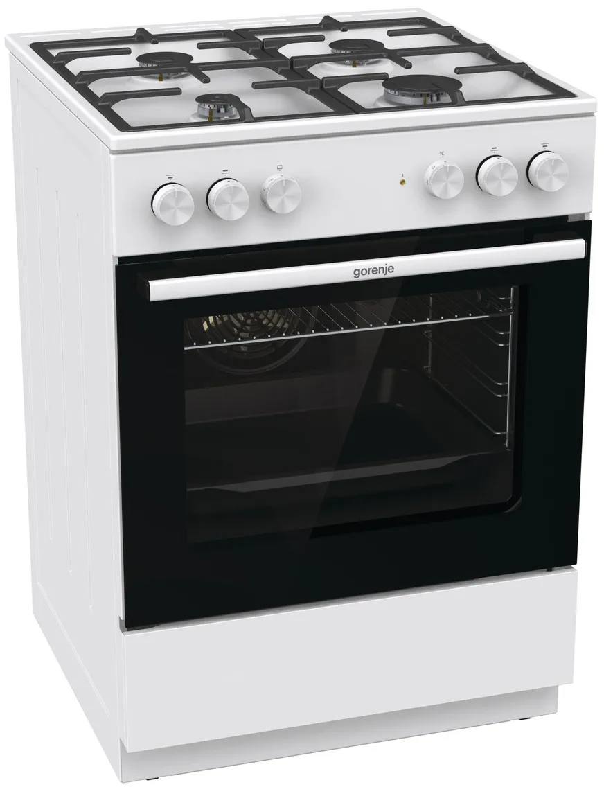 Комбінована плита Gorenje, об'єм 71л, розміри 60x60см, чавунне покриття, білий колір.