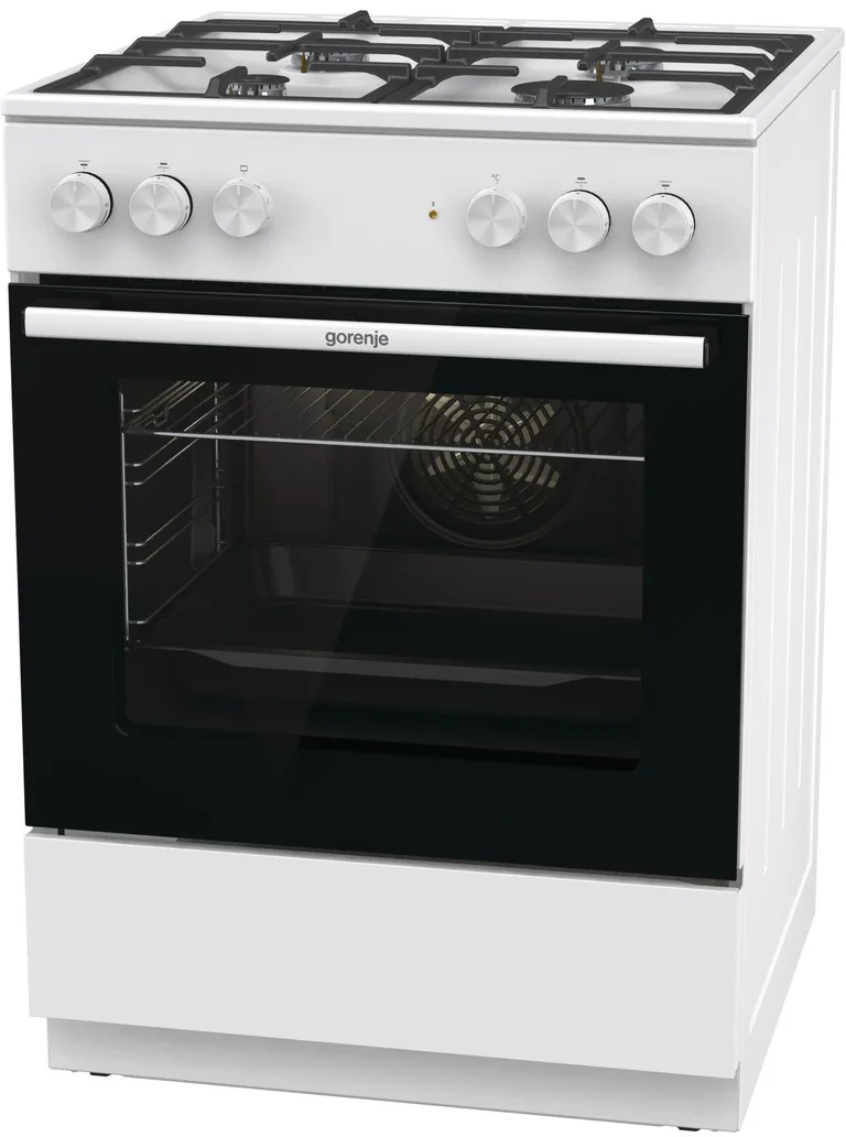 Комбінована плита Gorenje, об'єм 71л, розміри 60x60см, чавунне покриття, білий колір.