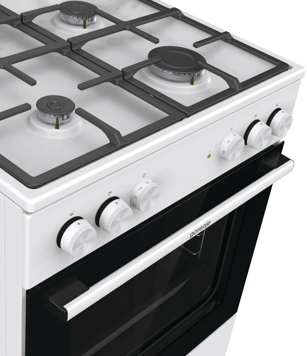 Комбінована плита Gorenje, об'єм 71л, розміри 60x60см, чавунне покриття, білий колір.