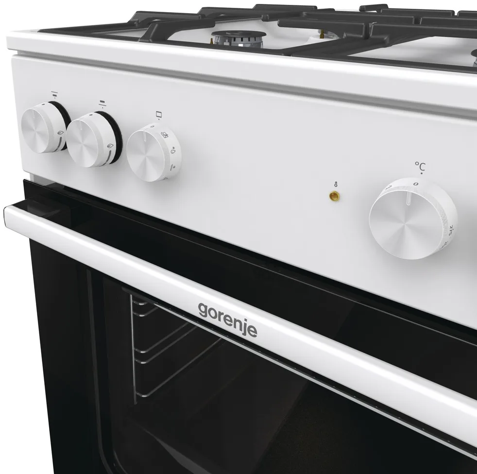 Комбінована плита Gorenje, об'єм 71л, розміри 60x60см, чавунне покриття, білий колір.
