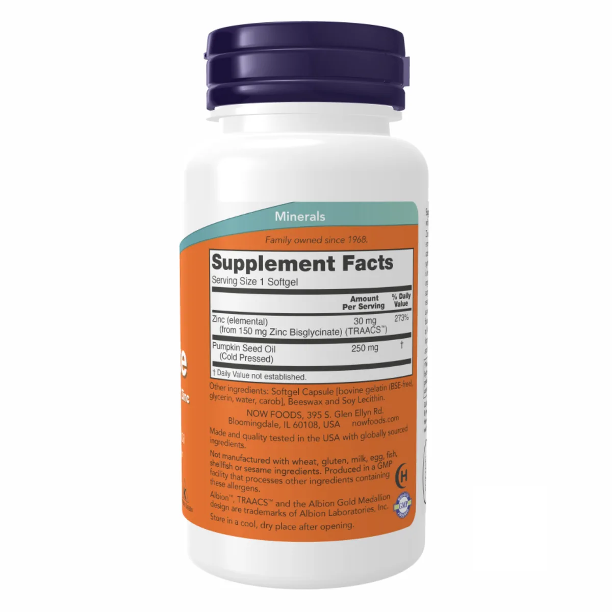 Цинк глицинат Now Foods 30 мг 120 мягких капсул с маслом семян тыквы