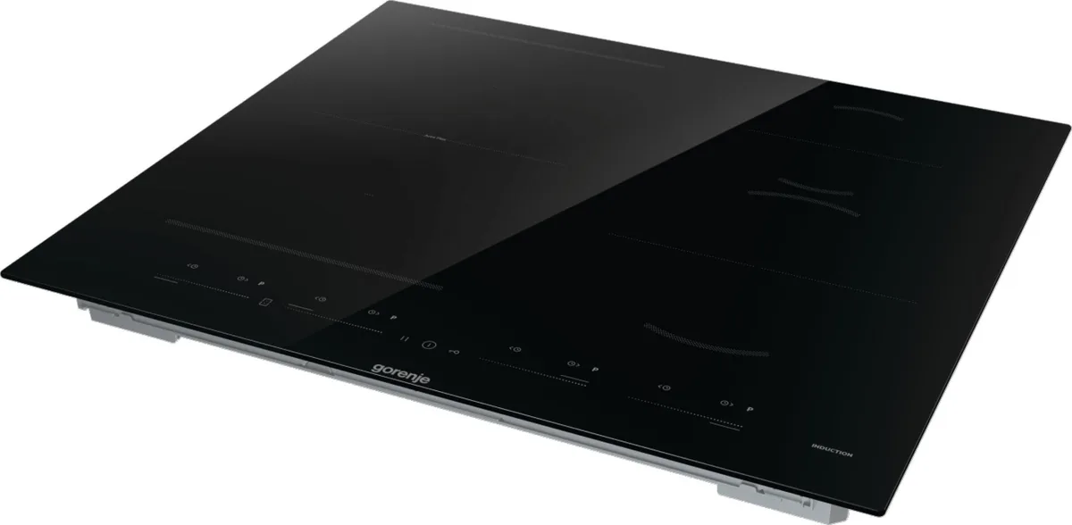 Индукционная варочная поверхность Gorenje, 60 см, с функцией PowerBoost, сенсорным управлением и расширенной площадью приготовления, черного цвета.