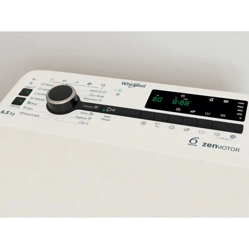 Стиральная машина Whirlpool с вертикальной загрузкой, 6,5 кг, 1200 об/мин, класс энергоэффективности С, ширина 60 см, с дисплеем и инвертором, белая