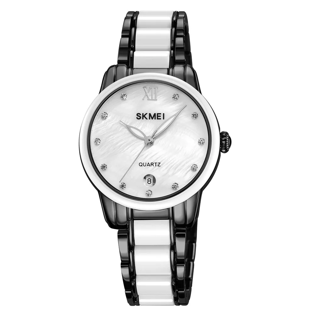 Часы Skmei 2175BK Black металлические с белым ремешком 34,7х40,9 мм