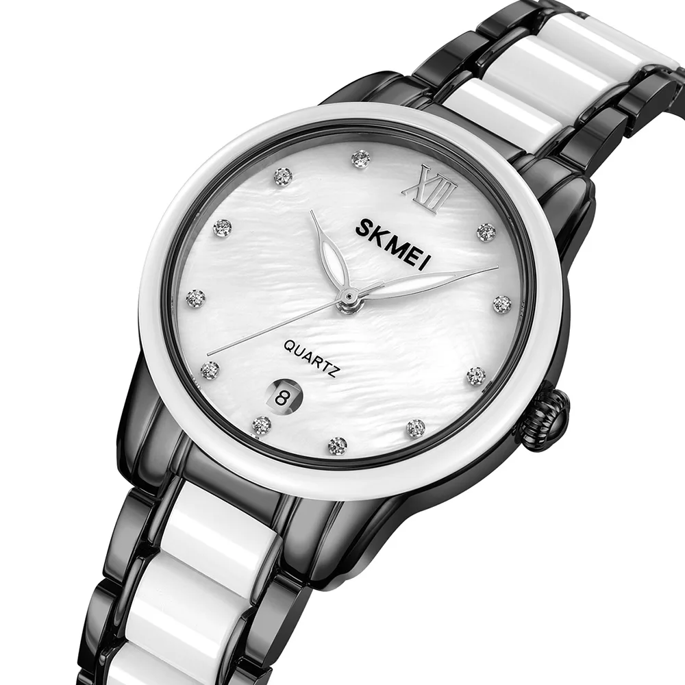 Часы Skmei 2175BK Black металлические с белым ремешком 34,7х40,9 мм