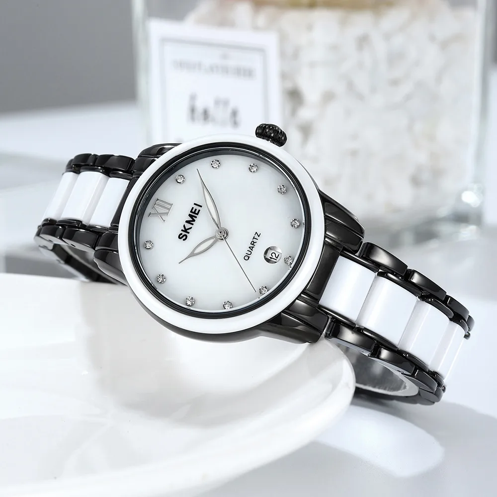 Часы Skmei 2175BK Black металлические с белым ремешком 34,7х40,9 мм