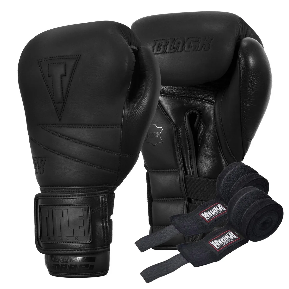 Боксерские перчатки TITLE натуральная кожа 16 oz черные