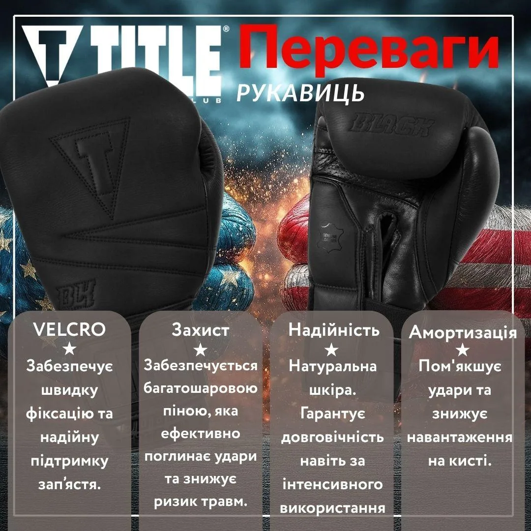Боксерские перчатки TITLE натуральная кожа 16 oz черные