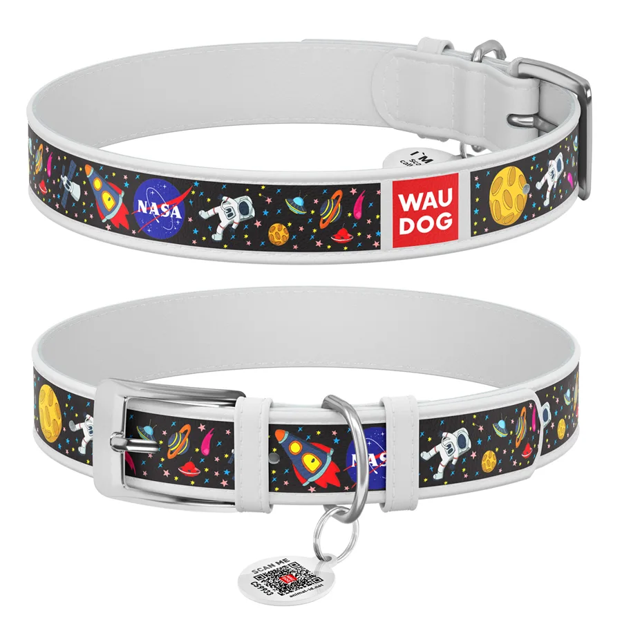 Нашийник WAUDOG шкіряний NASA 25 мм 38-49 см білий
