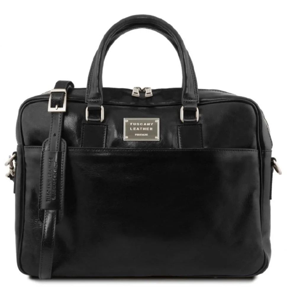Кожаная сумка портфель Tuscany Leather черная для ноутбука на два отделения с регулируемым ремнем