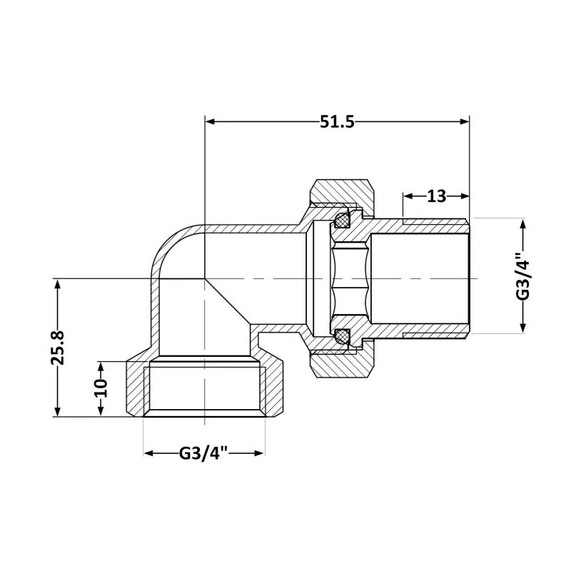 Згін-американка кутова 3/4" ВЗ латунь нікель 233x103x88 мм