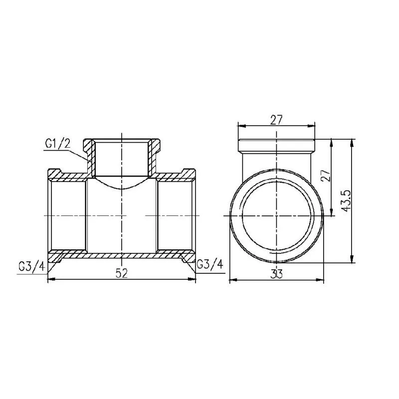Трійник редукційний 3/4"x1/2"x3/4" латунний для водопостачання ВВ