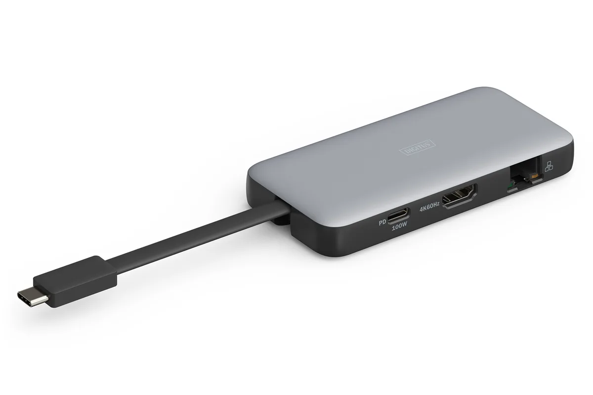 Док-станция DIGITUS USB-C > HDMI/2xUSB-A/USB-C/SD/MicroSD/RJ54, Travel переводится на русский язык как "Док-станция DIGITUS USB-C > HDMI/2xUSB-A/USB-C/SD/MicroSD/RJ54, для путешествий".