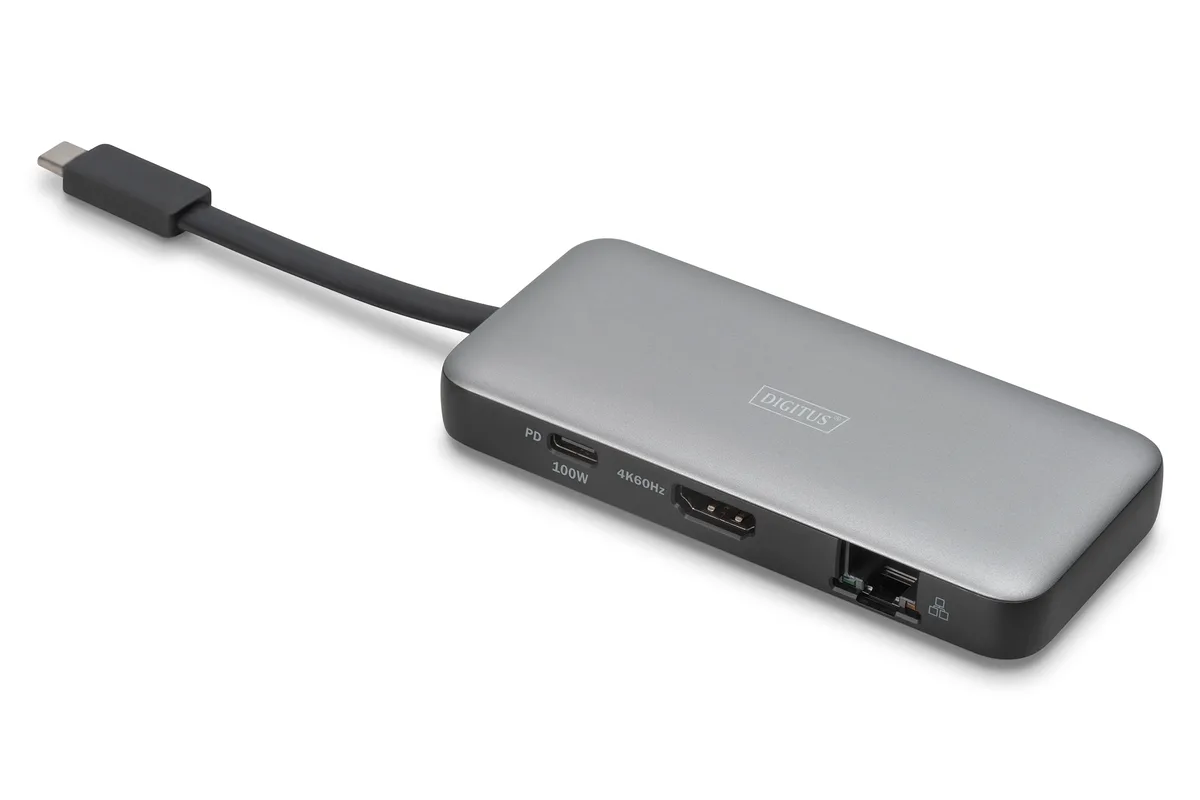 Док-станция DIGITUS USB-C > HDMI/2xUSB-A/USB-C/SD/MicroSD/RJ54, Travel переводится на русский язык как "Док-станция DIGITUS USB-C > HDMI/2xUSB-A/USB-C/SD/MicroSD/RJ54, для путешествий".