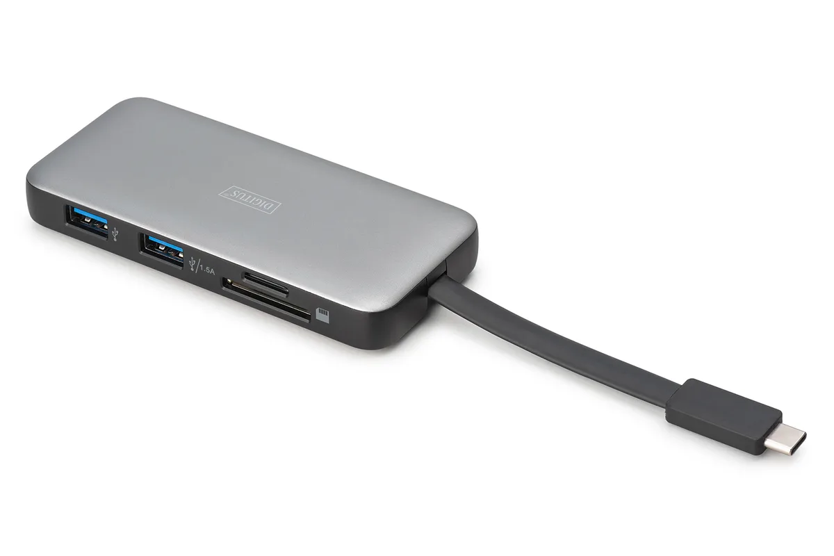 Док-станция DIGITUS USB-C > HDMI/2xUSB-A/USB-C/SD/MicroSD/RJ54, Travel переводится на русский язык как "Док-станция DIGITUS USB-C > HDMI/2xUSB-A/USB-C/SD/MicroSD/RJ54, для путешествий".