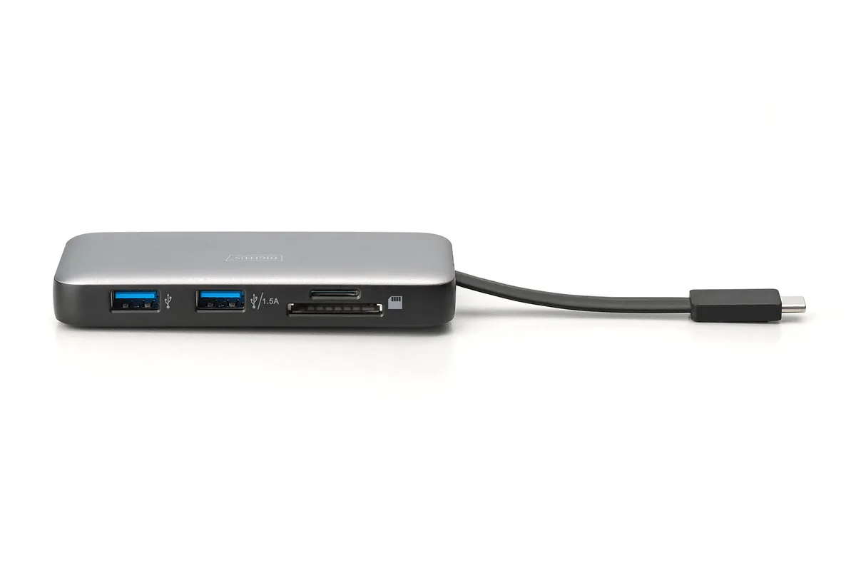 Док-станция DIGITUS USB-C > HDMI/2xUSB-A/USB-C/SD/MicroSD/RJ54, Travel переводится на русский язык как "Док-станция DIGITUS USB-C > HDMI/2xUSB-A/USB-C/SD/MicroSD/RJ54, для путешествий".