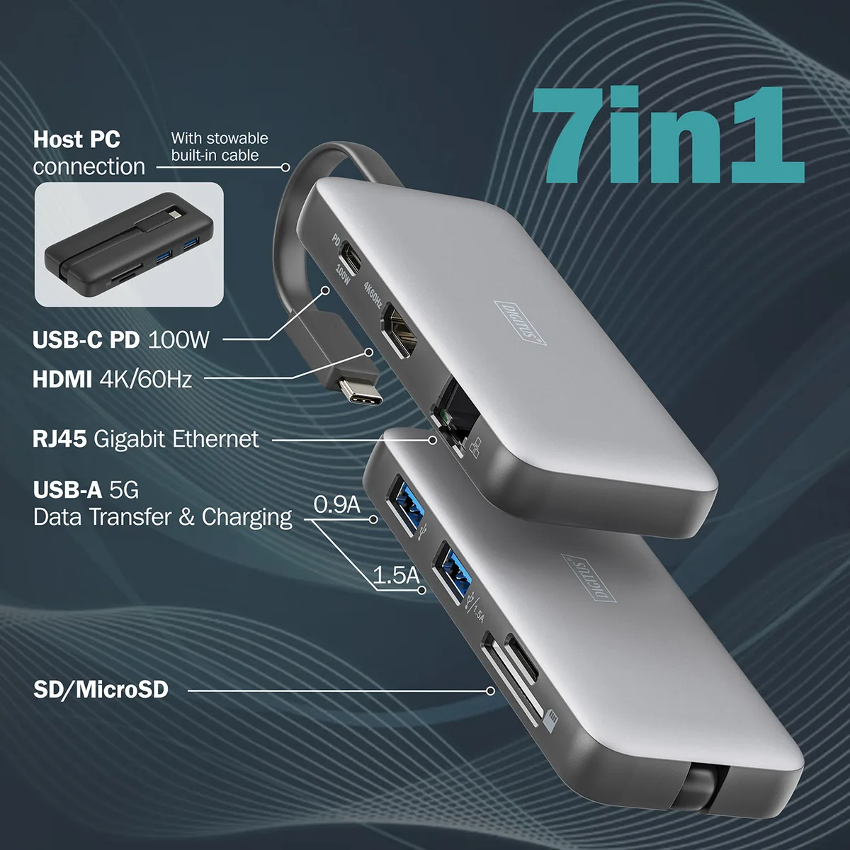 Док-станция DIGITUS USB-C > HDMI/2xUSB-A/USB-C/SD/MicroSD/RJ54, Travel переводится на русский язык как "Док-станция DIGITUS USB-C > HDMI/2xUSB-A/USB-C/SD/MicroSD/RJ54, для путешествий".