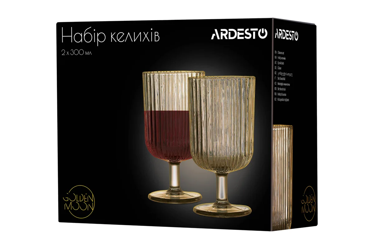 Набір скляних келихів ARDESTO Golden Moon, 300 мл, 2 шт, з золотистим декором.