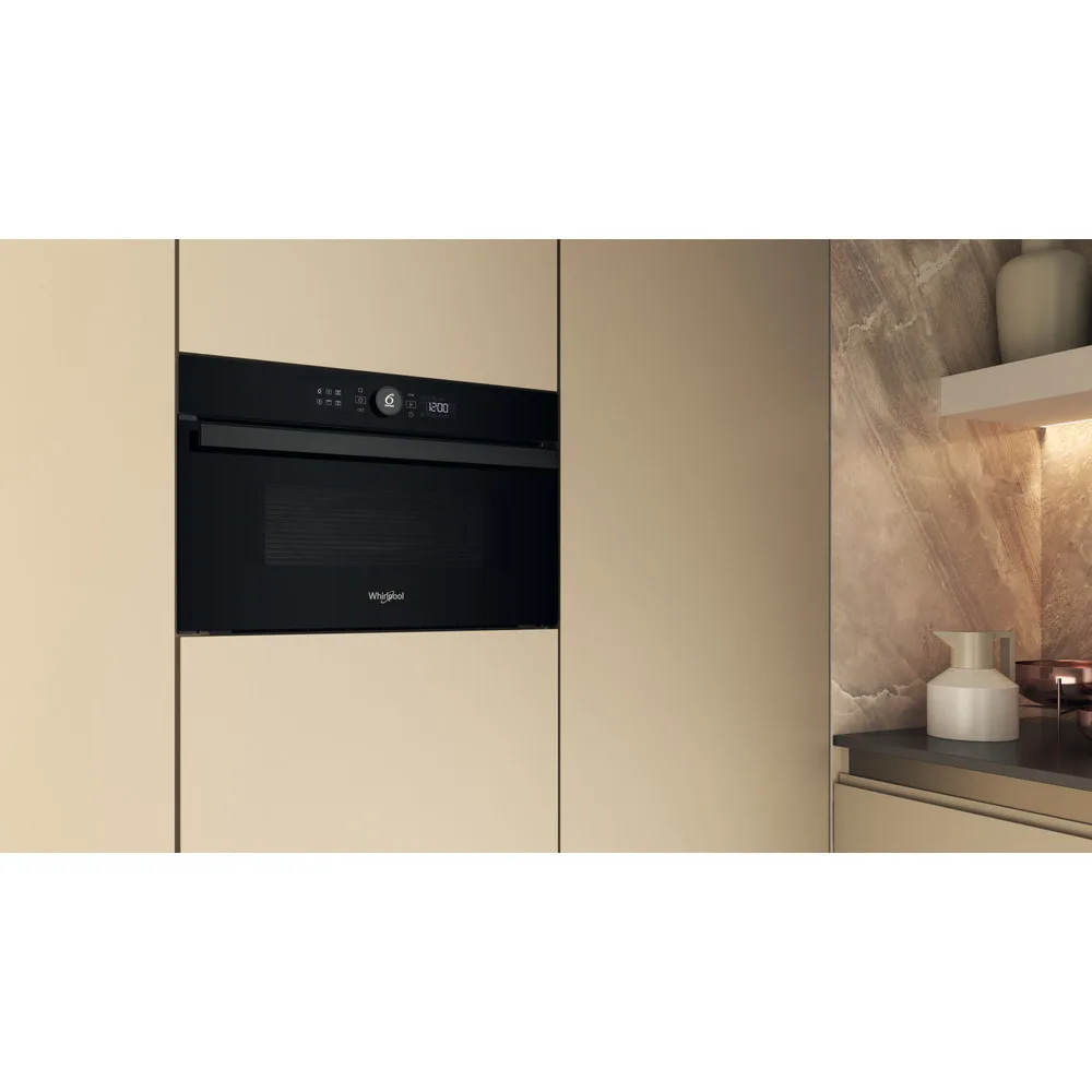 Вбудована мікрохвильова піч Whirlpool, 31 л, електронне управління, 1000 Вт, гриль, чорний дисплей.