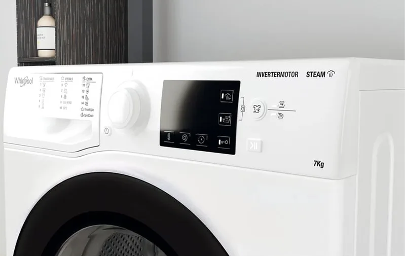 Стиральная машина Whirlpool с фронтальной загрузкой, 7 кг, 1200 об/мин, класс энергопотребления A+++, ширина 435 см, с дисплеем, функцией пара, инверторным двигателем, черным люком, белая