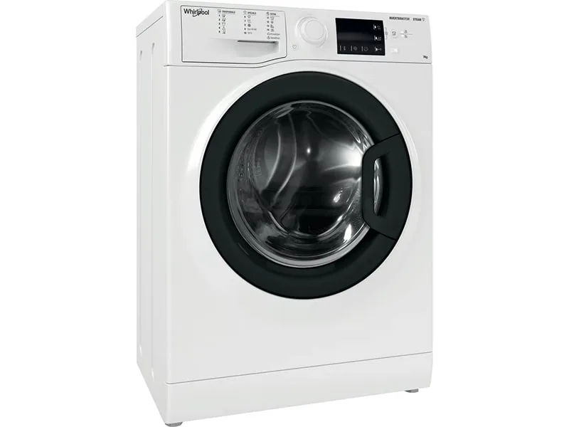 Стиральная машина Whirlpool с фронтальной загрузкой, 7 кг, 1200 об/мин, класс энергопотребления A+++, ширина 435 см, с дисплеем, функцией пара, инверторным двигателем, черным люком, белая