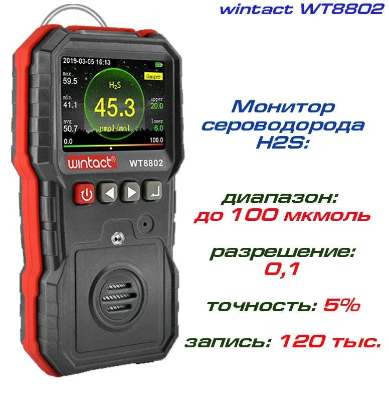 Газоанализатор H2S портативный WT8802 цветной дисплей пластик 120 тыс. записей