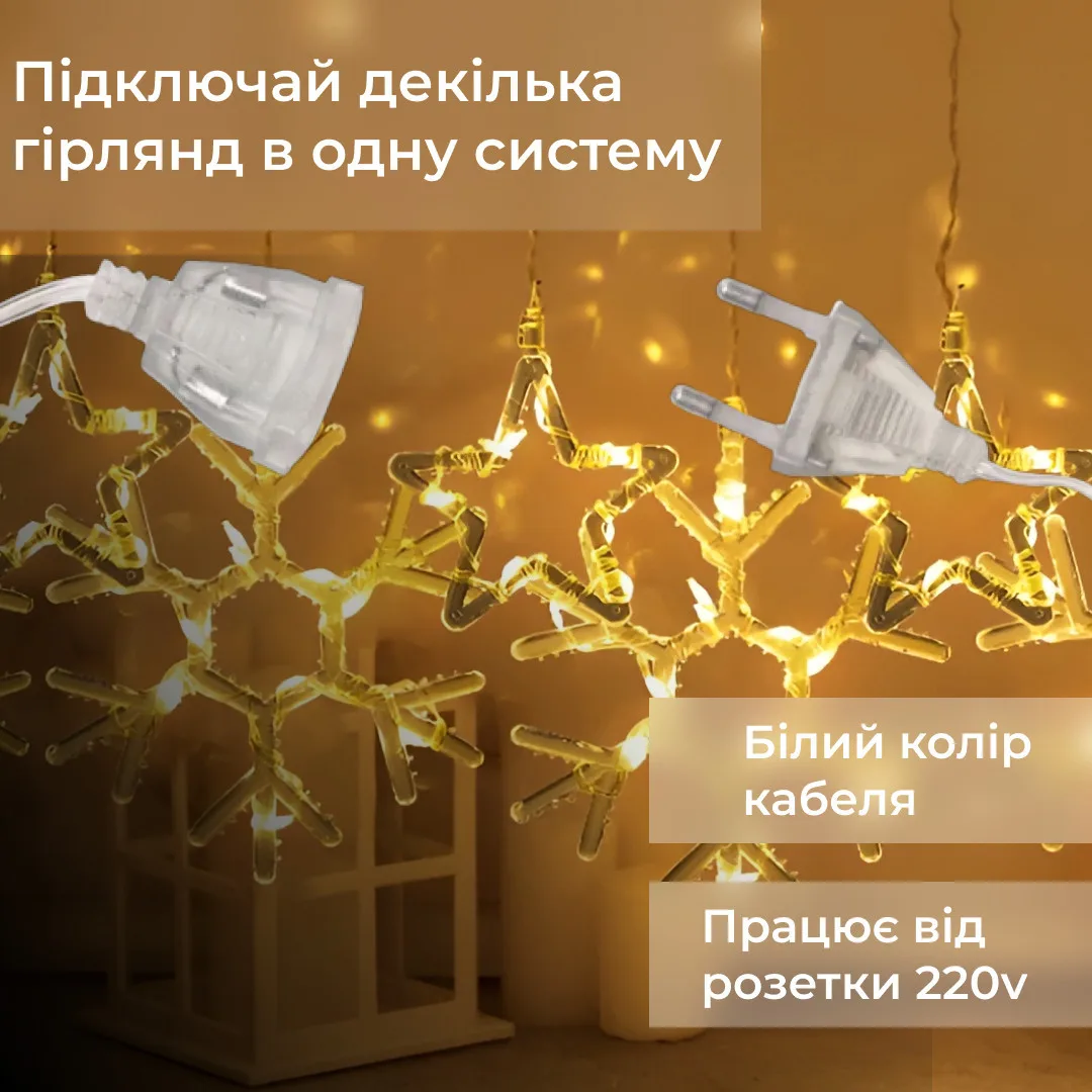 Гірлянда штора світлодіодна 3х0,9 м жовта 145 LED сніжинки зірки