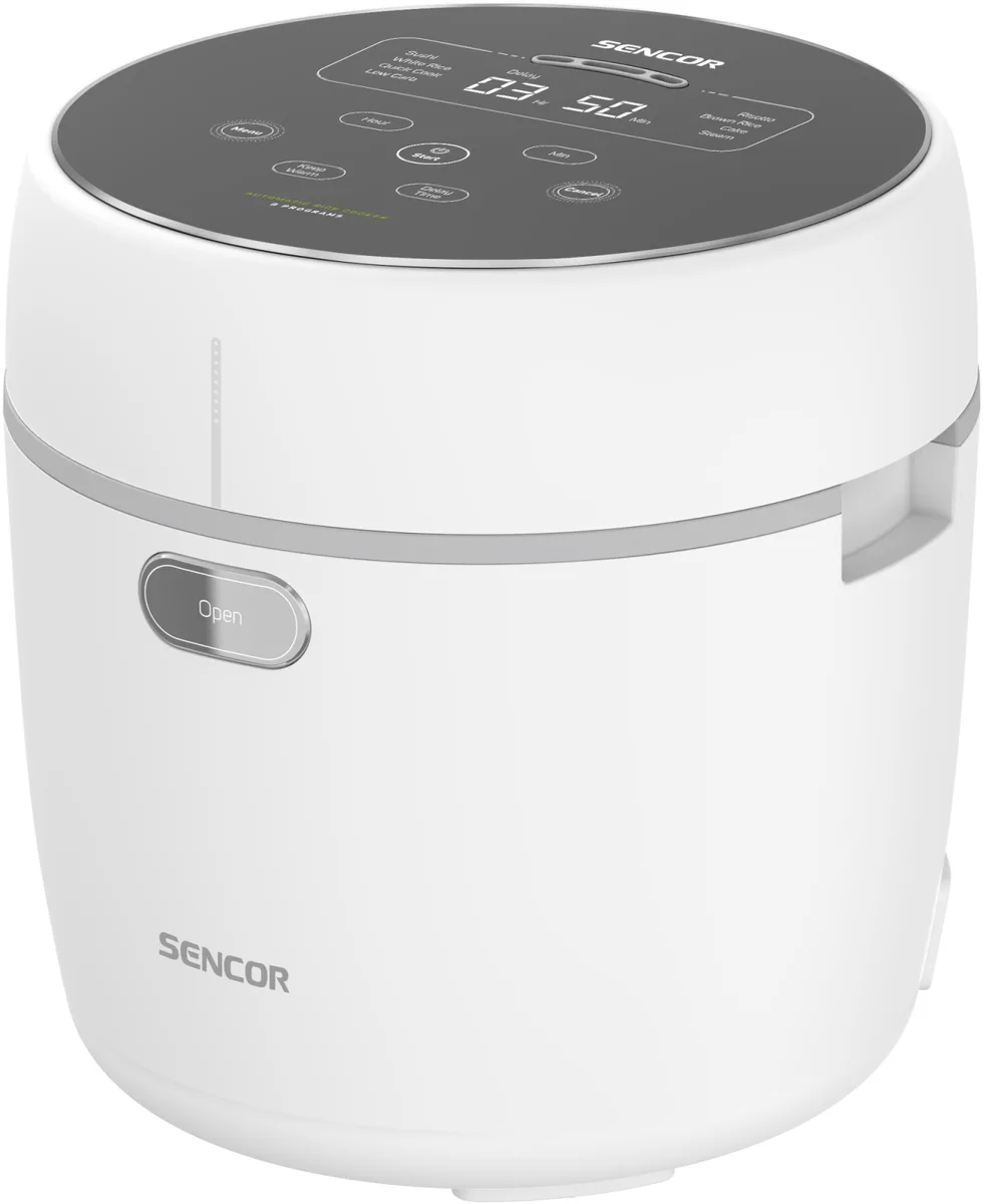 Рисоварка Sencor 350Вт, об'єм 0.6л, сенсорне управління, 8 режимів, нержавіюча сталь, пластик, білий колір.