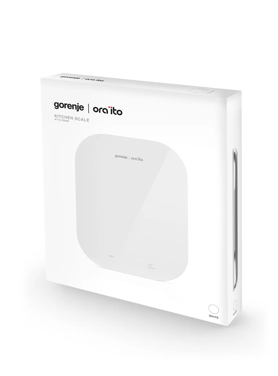 Кухонні ваги Gorenje, 10 кг, з трьома батарейками AAA в комплекті, скляна поверхня, білий колір.